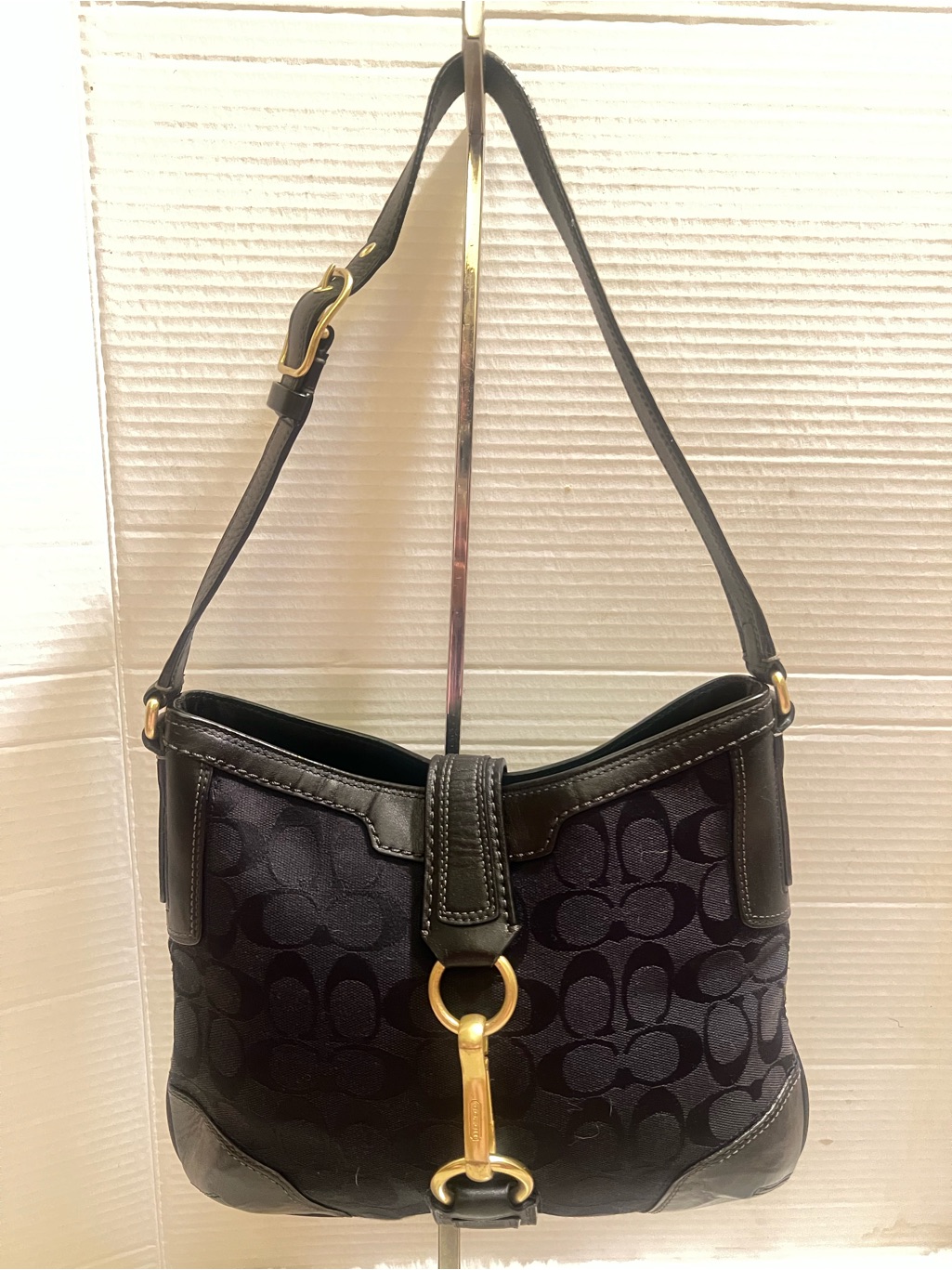 Coach Hampton Black Signature Canvas Shoulder Bag With Gold Hardware Accent